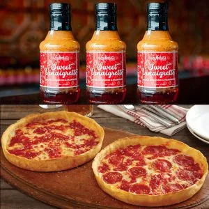 3 Bottles of Lou’s Sweet Vinaigrette Salad Dressing & 2 Pizzas