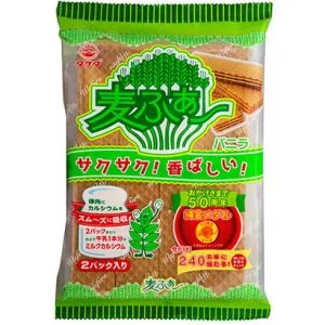 ‘Mugi Fa’, Wafer, Vanilla Cream, Japan snack, Long seller, 16bars in 1 pack.