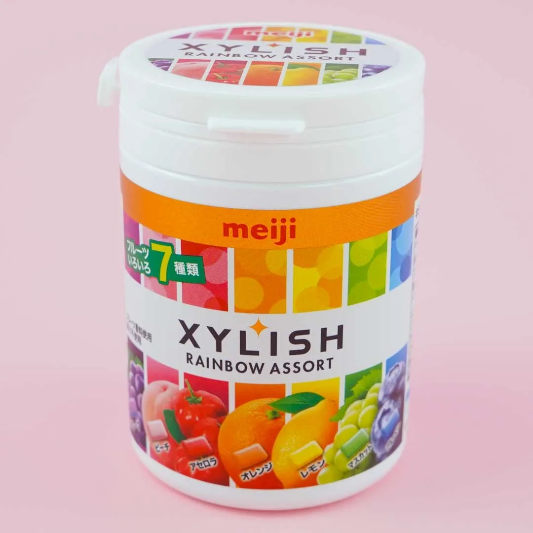 Meiji Xylish Rainbow Assorted Fruit Gum Bottle