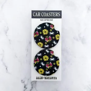 Jami Creates – Black Maryland Flower Crab Print Car Coasters