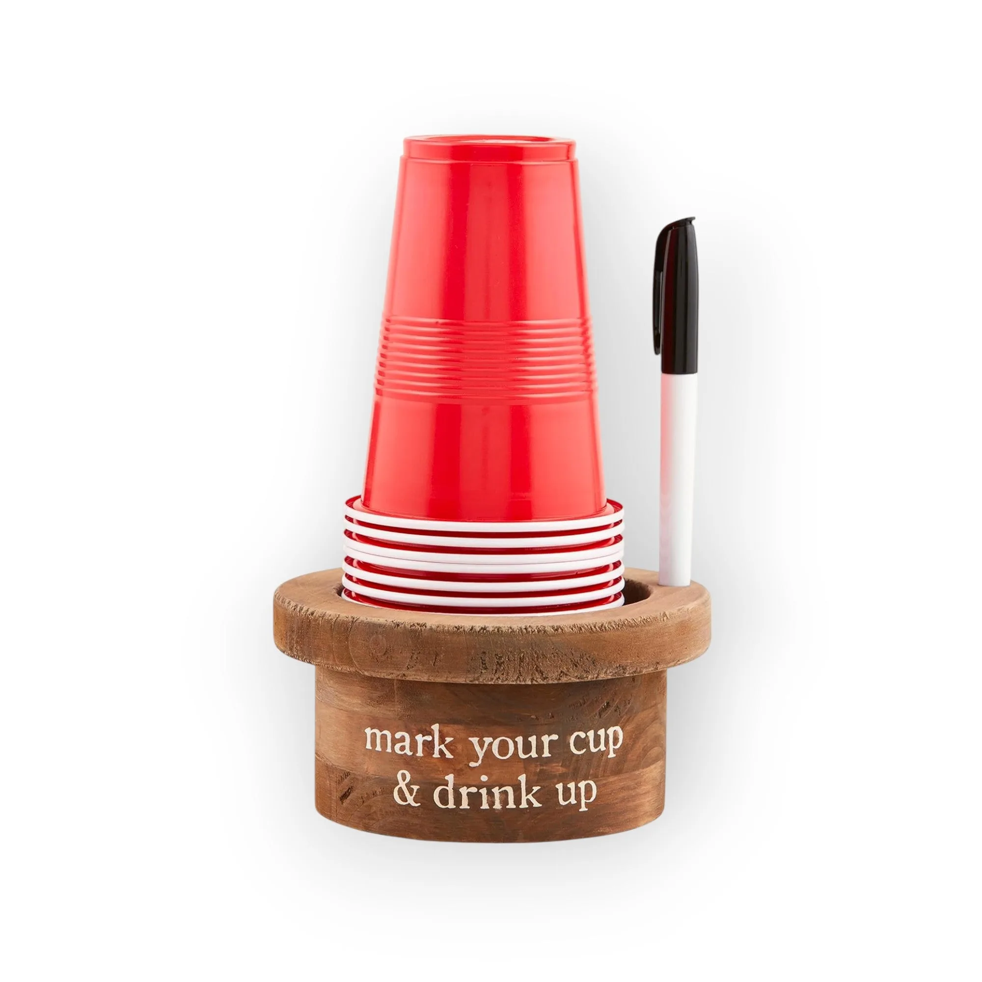 Disposable Cup & Marker Set with Wooden Base – 10 Plastic Cups