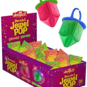 Dreidel Jewel Pop Ring Candy, Kosher Hanukkah Treats, Green Apple and Strawberry Flavors, 36 Count