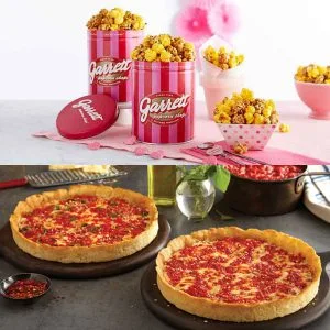 2 Garrett Popcorn Petite Pink Tins & 2 Lou’s Pizzas