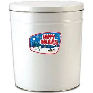 6.5 Gal White Happy Holidays Gourmet Popcorn Tin