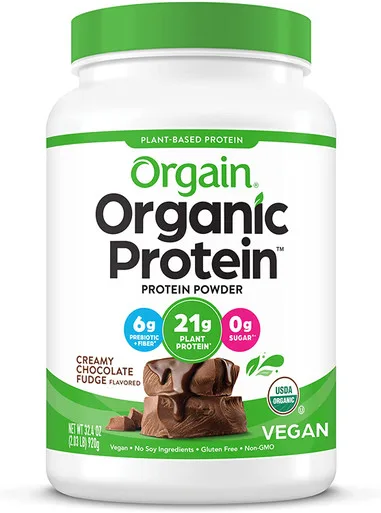Orgain Organic Plant Based Protein Powder, Creamy Chocolate Fudge, Vegan, Low Net Carbs, Non Dairy, Gluten Free, No Sugar Added, Soy Free, Kosher, Non-GMO, 2.03 Lb (Packaging May Vary)