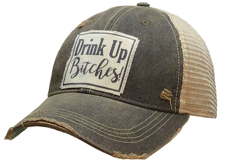 Vintage Life – Drink Up Bitches Distressed Trucker Cap Black